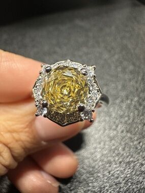 Yellow Statement Ring Halo Style Adjustable Silver Tone Sparkly Ring